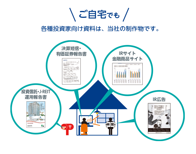 ご自宅でも　各種投資家向け資料は、当社の制作物です。 投資信託・J-REIT運用報告書 決算短信・有価証券報告書 IRサイト金融商品サイト IR広告